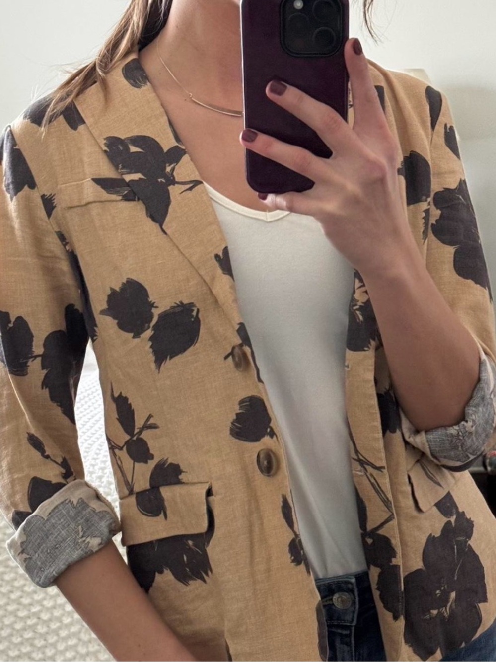 Merona Tan Blazer with Black Floral Print